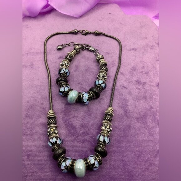 Capital Charms Silver Blue and Black Beaded Bracelet and necklace - Picture 3 of 3
